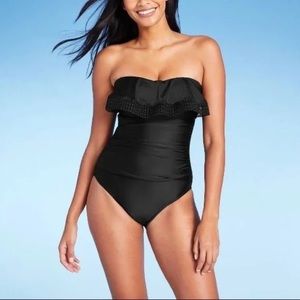 Kona Sol Black Ruffle Lace Front One Piece Swimsuit Size Small